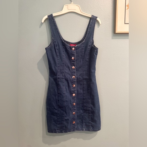 Vintage Guess ‘90’s Denim Sleeveless Dress Size Medium M Gold Metal Snaps Short - Picture 5 of 7
